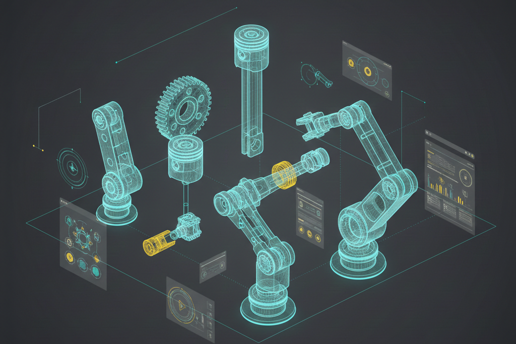 Ilustração de componentes mecânicos sob modelagem 3D